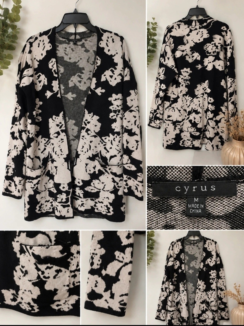 Cyrus Black & Cream Floral Open-Front Cardigan